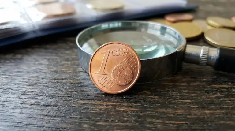 Moneta da 1 centesimo su tavolo con lente d’ingrandimento, usata per controllare un possibile errore di conio