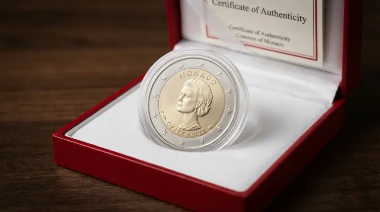 Moneta commemorativa da 2 euro di Monaco con profilo di Grace Kelly in capsula, nella confezione con certificato
