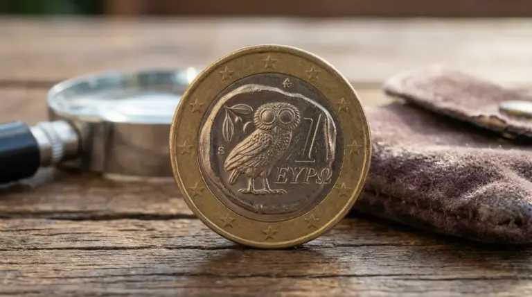 Moneta euro greca con gufo, in primo piano su tavolo di legno con lente d’ingrandimento sullo sfondo
