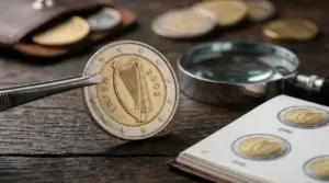 Moneta da 2 euro Irlanda 2002 con arpa, osservata con pinzette su tavolo con lente e album numismatico