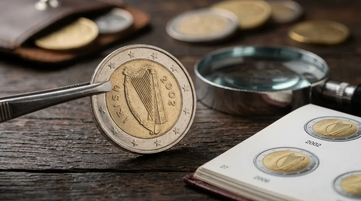 Moneta da 2 euro Irlanda 2002 con arpa, osservata con pinzette su tavolo con lente e album numismatico