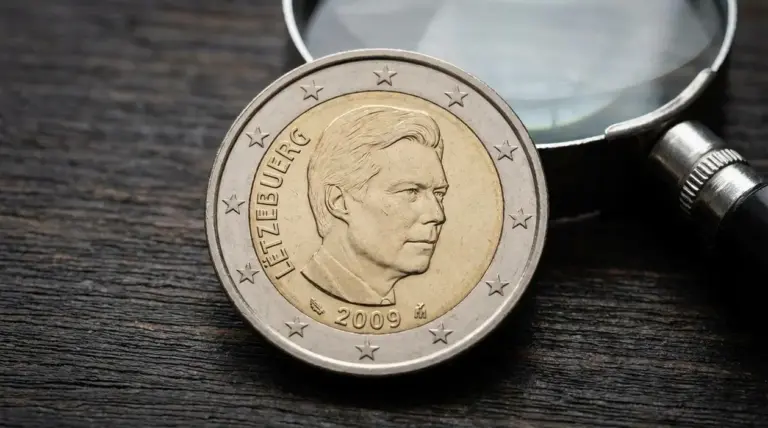 Moneta da 2 euro Lussemburgo 2009 in primo piano con lente d’ingrandimento sullo sfondo