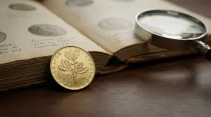 Moneta da 20 lire con ramo di quercia del 1968 accanto a un libro aperto e una lente d’ingrandimento