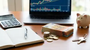 Scrivania con laptop e grafico finanziario, calcolatrice, contanti e monete in euro e salvadanaio per il risparmio