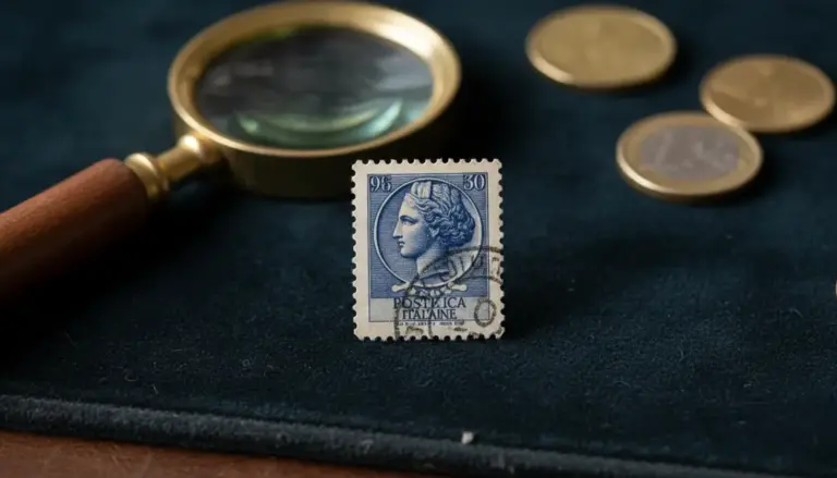 Francobollo italiano Siracusana da 30 lire su panno scuro, con lente d’ingrandimento e monete sullo sfondo