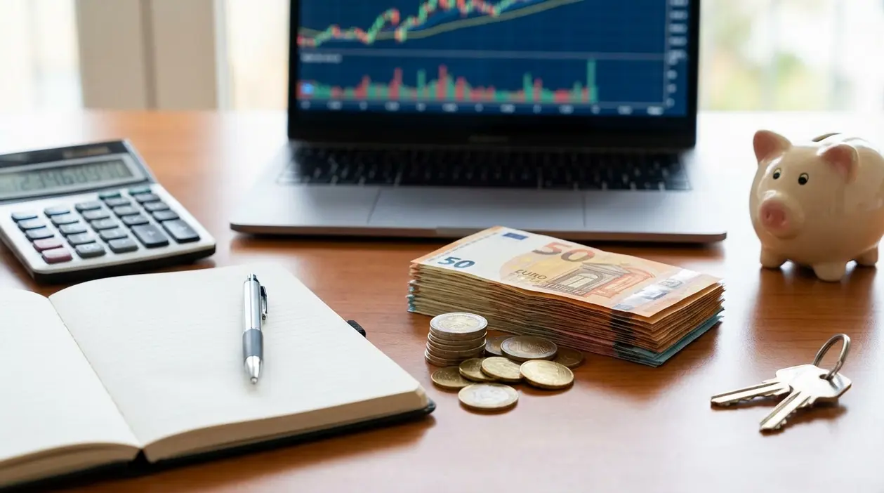 Scrivania con laptop e grafico finanziario, calcolatrice, contanti e monete in euro e salvadanaio per il risparmio
