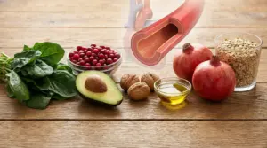 Alimenti naturali come avocado, noci, melograni, avena, spinaci e mirtilli su un tavolo di legno