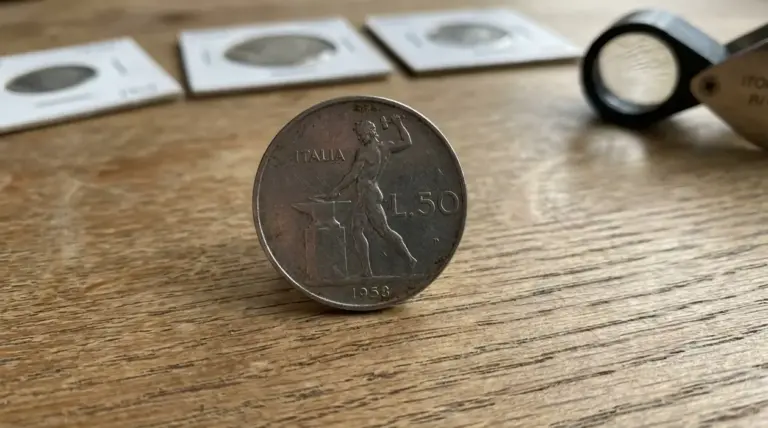 Moneta italiana da 50 lire Vulcano del 1958 su tavolo in legno, con lente d’ingrandimento sullo sfondo