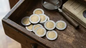 Monete da 500 lire bimetalliche italiane in un cassetto di legno aperto