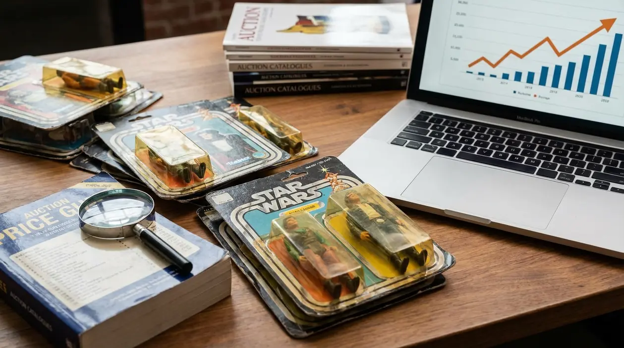 Action figure da collezione in blister su un tavolo, con cataloghi d’asta e grafico di crescita dei prezzi su laptop