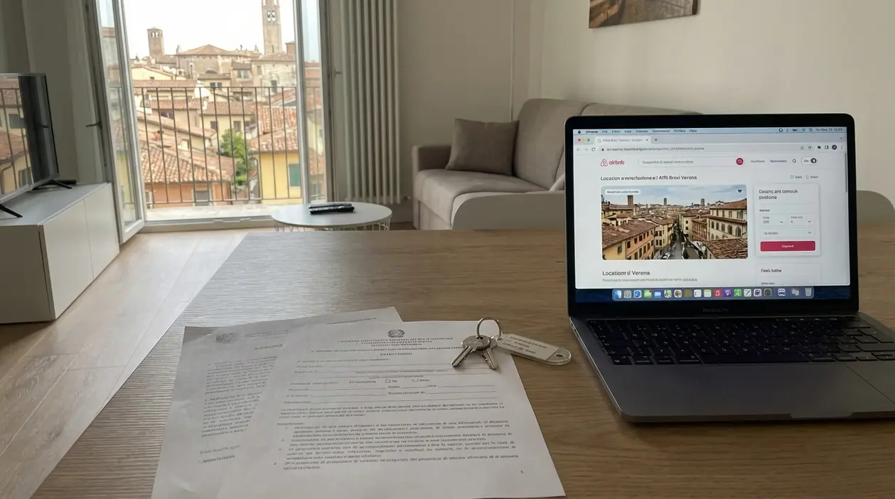 Soggiorno di appartamento turistico con laptop su sito di prenotazione, chiavi e documenti sul tavolo