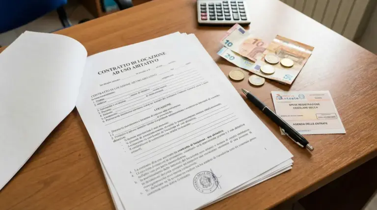 Contratto di locazione su scrivania con banconote e monete euro, calcolatrice, penna e ricevuta di registrazione