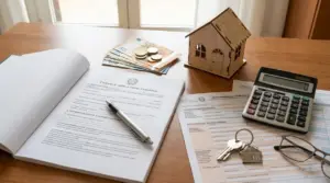 Contratto di affitto a canone concordato con penna, calcolatrice, chiavi, banconote e modellino di casa