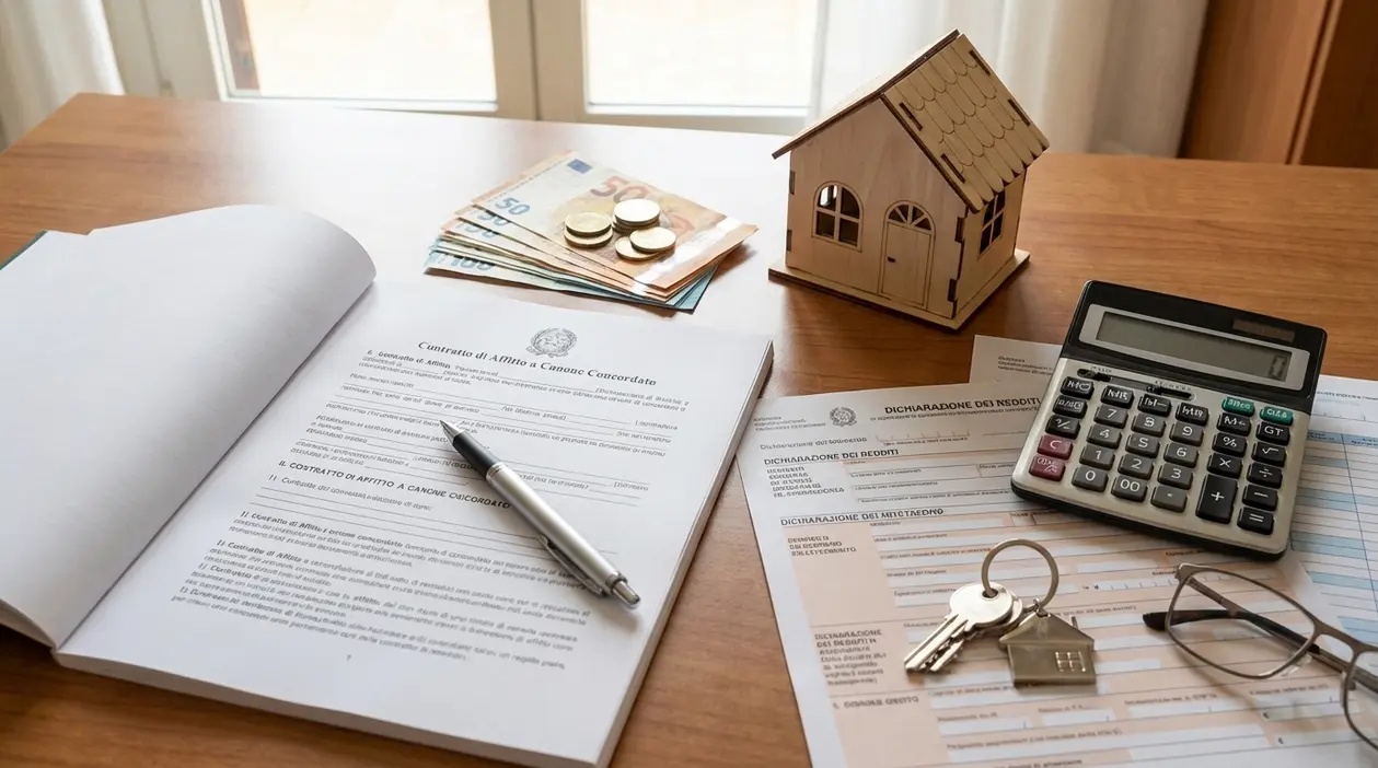 Contratto di affitto a canone concordato con penna, calcolatrice, chiavi, banconote e modellino di casa