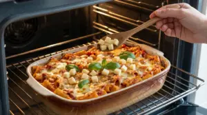 Pasta al forno in teglia con cubetti di formaggio aggiunti durante la cottura nel forno