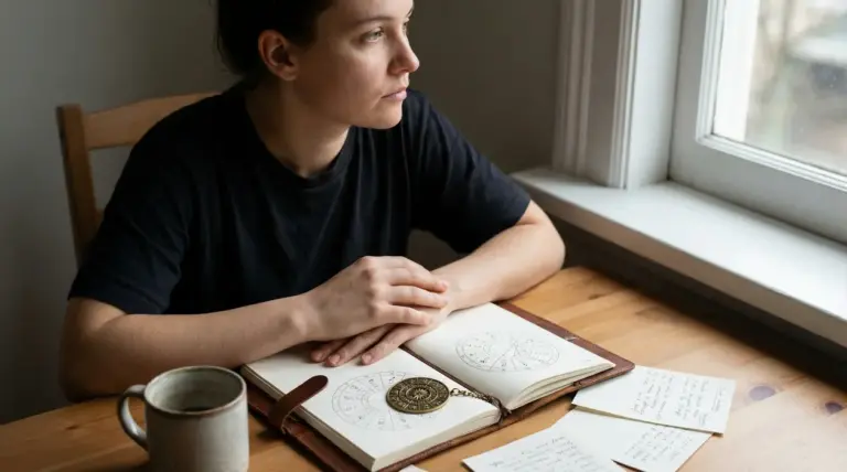 Persona seduta a un tavolo con un quaderno che mostra una carta astrologica