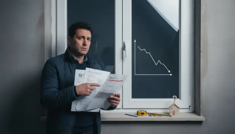 Uomo con documenti davanti a una finestra, con grafico in calo sul vetro e attrezzi sul davanzale