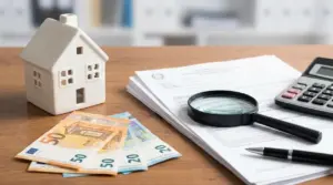 Documenti fiscali con lente d’ingrandimento, calcolatrice, banconote e modellino di casa su un tavolo