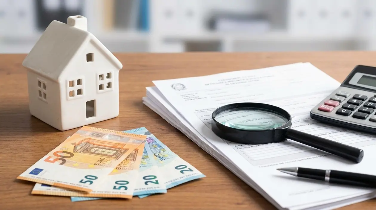 Documenti fiscali con lente d’ingrandimento, calcolatrice, banconote e modellino di casa su un tavolo