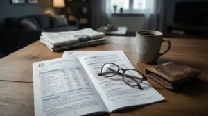 Documenti con calcolo previdenziale su un tavolo, con occhiali, portafoglio e tazza di caffè in casa