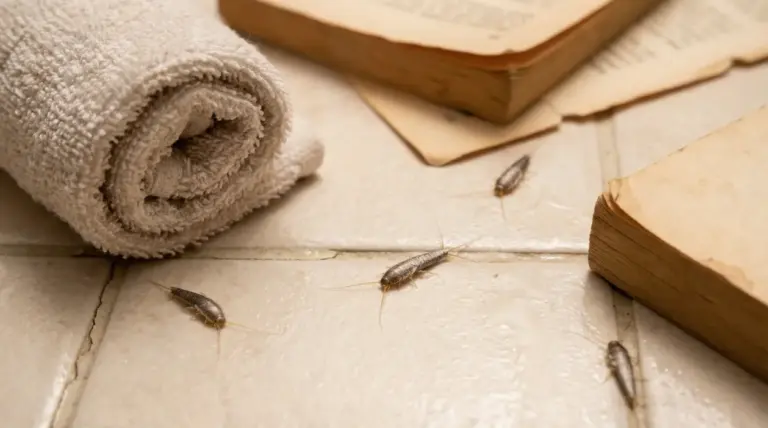 Pesciolini d'argento su pavimento tra libri e asciugamano arrotolato