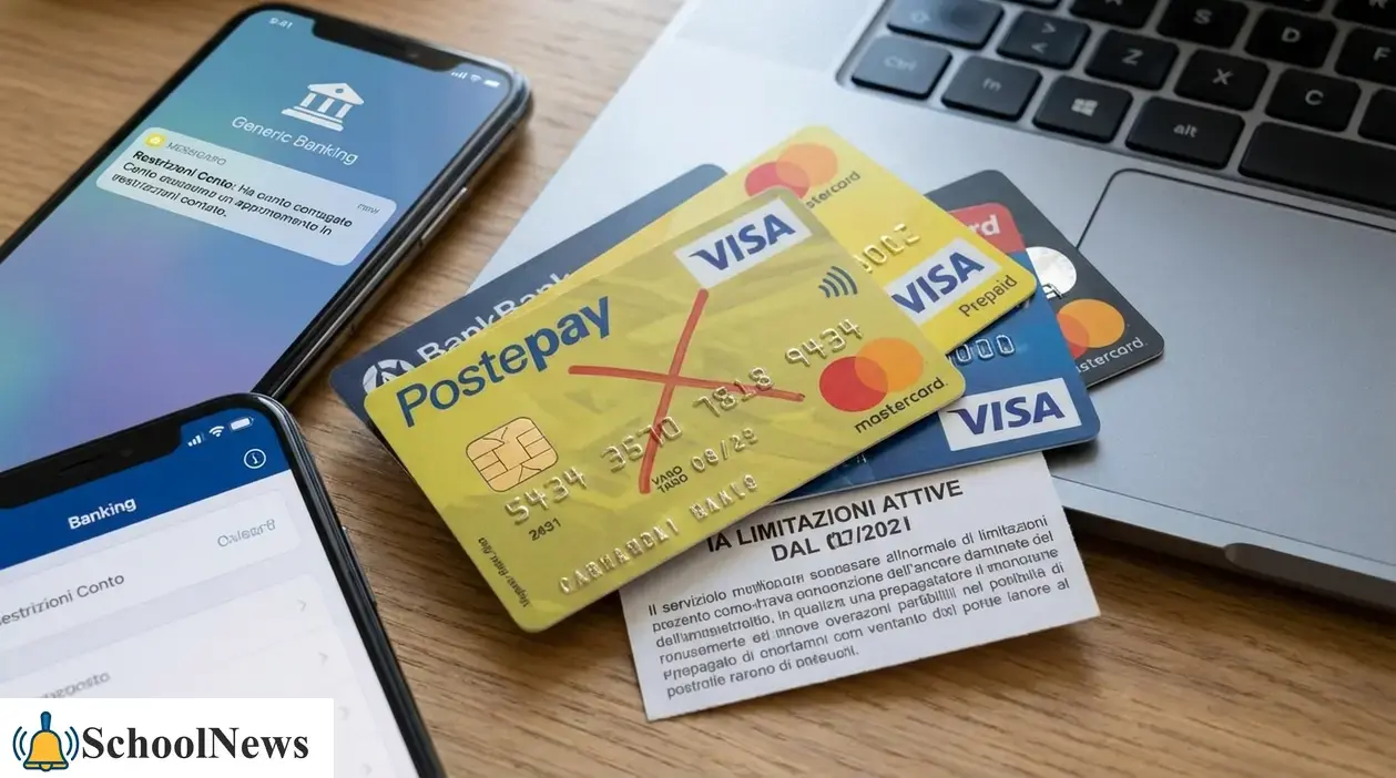 Carte prepagate e smartphone con app di home banking su scrivania accanto a un laptop, per aggiornamenti su nuove limitazioni