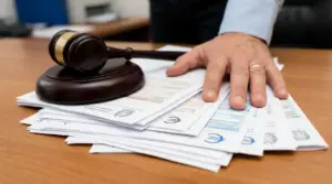 Martelletto da giudice su documenti e moduli fiscali, con una mano appoggiata sulla scrivania