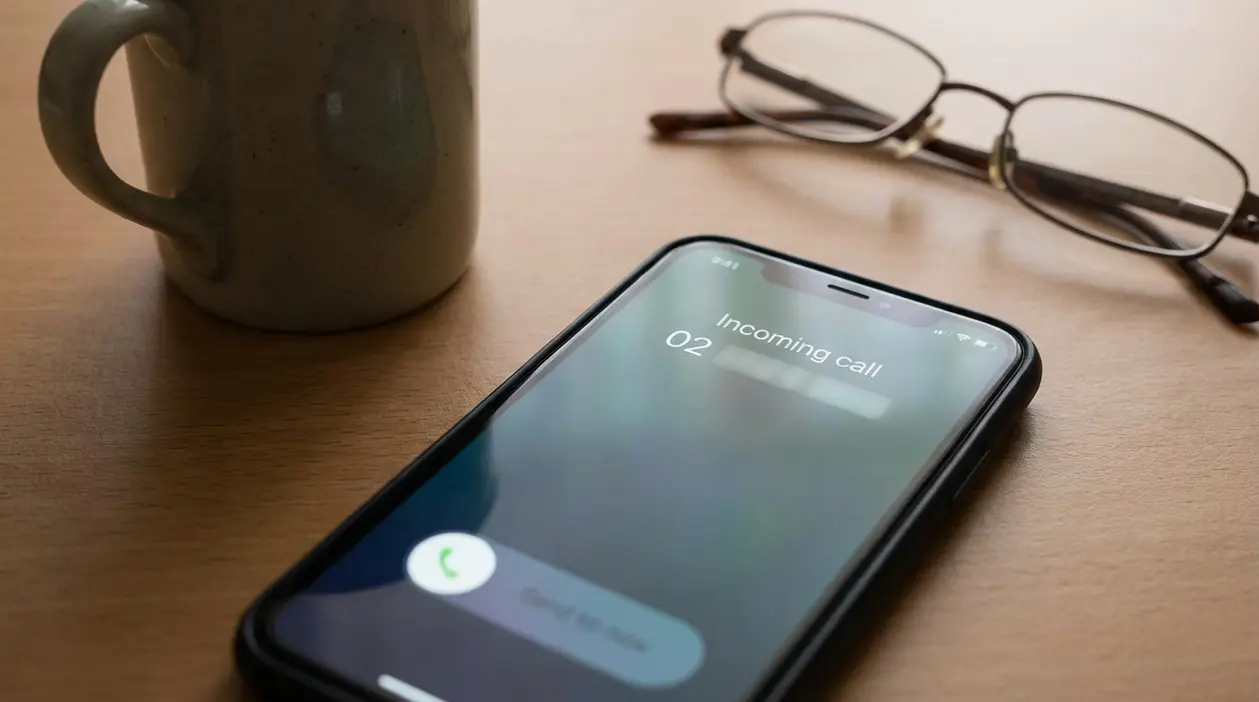 Smartphone su un tavolo con chiamata in arrivo da prefisso 02, accanto a tazza e occhiali