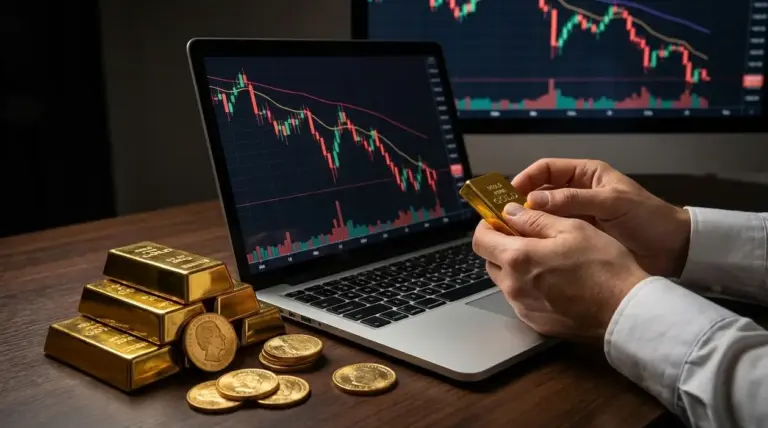Mani che tengono un lingotto d’oro davanti a un laptop con grafici finanziari in calo e lingotti sul tavolo