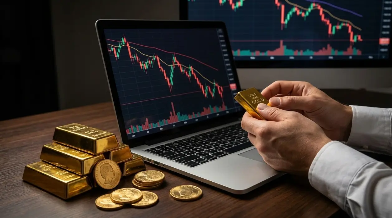 Mani che tengono un lingotto d’oro davanti a un laptop con grafici finanziari in calo e lingotti sul tavolo