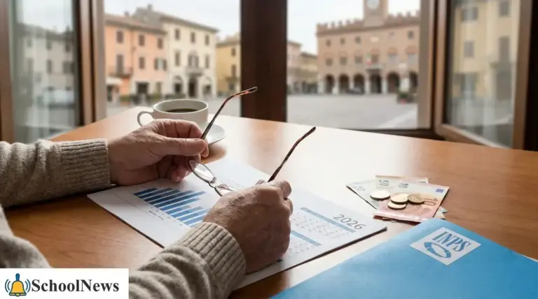 Persona al tavolo con documenti di calcolo e calendario, banconote e monete, vicino a una cartellina INPS