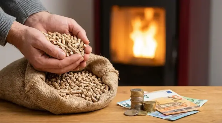 Mani che tengono pellet sopra un sacco, con monete e banconote sul tavolo e stufa accesa sullo sfondo