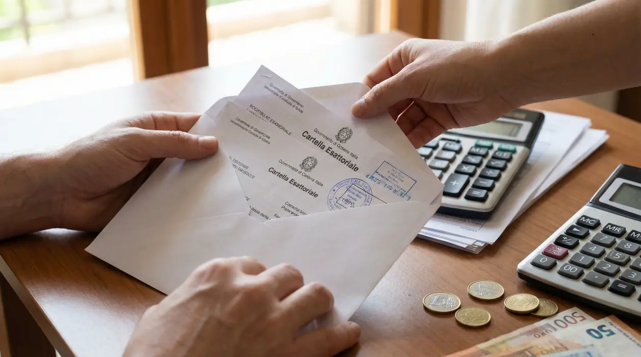 Mani che aprono una busta con cartelle esattoriali su un tavolo con calcolatrici, monete e banconote