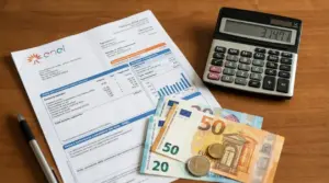 Bolletta della luce su un tavolo con calcolatrice, penna e banconote in euro per calcolare i costi in bolletta