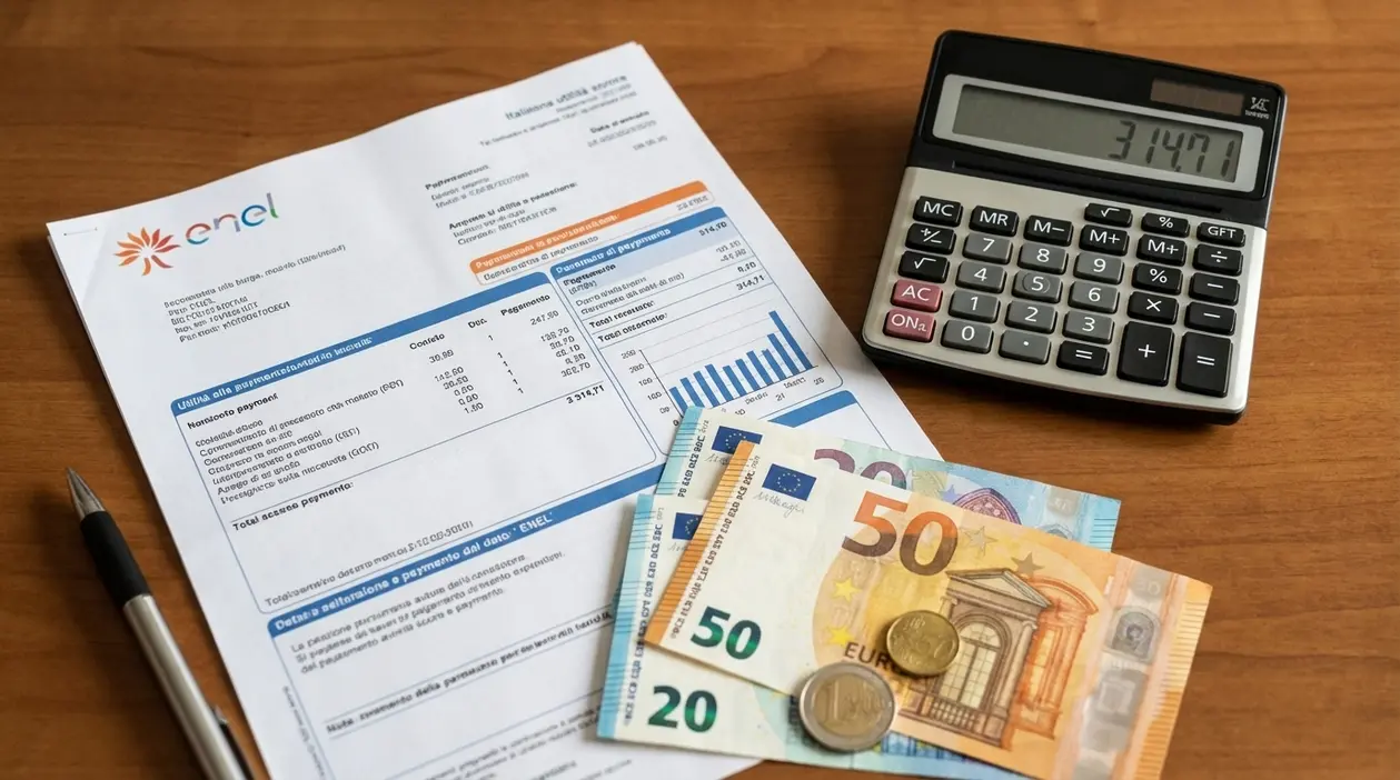 Bolletta della luce su un tavolo con calcolatrice, penna e banconote in euro per calcolare i costi in bolletta