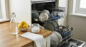 Lavastoviglie aperta con piatti e bicchieri, accanto a limoni, aceto e sale su un piano cucina