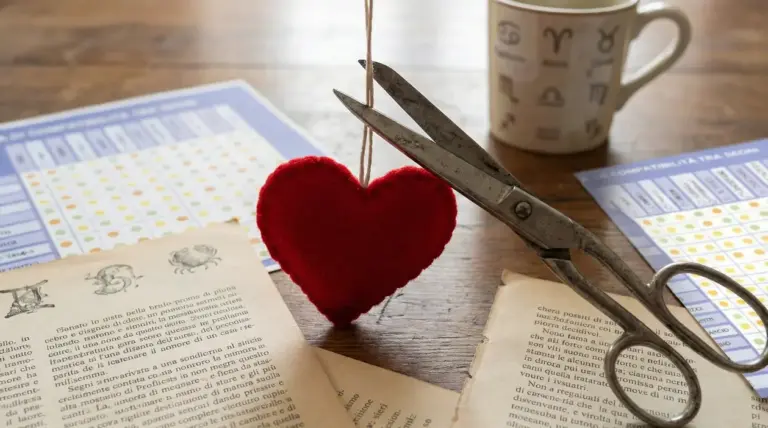 Una forbice taglia un filo che sostiene un cuore rosso di stoffa, con segni zodiacali sullo sfondo