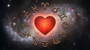 Cuore rosso circondato dai simboli zodiacali su sfondo galassia