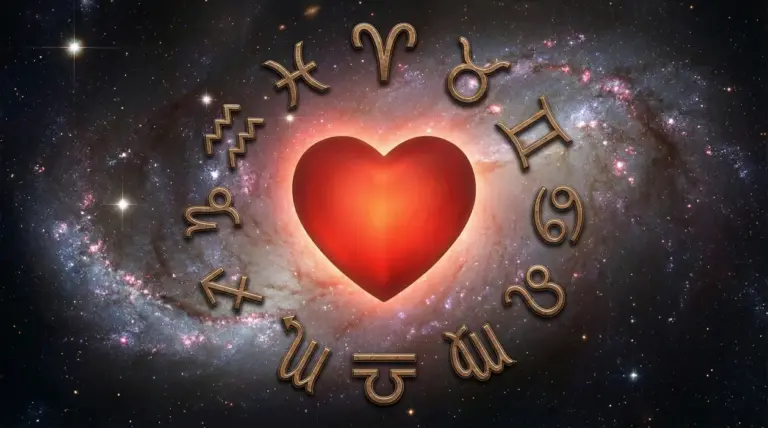 Cuore rosso circondato dai simboli zodiacali su sfondo galassia
