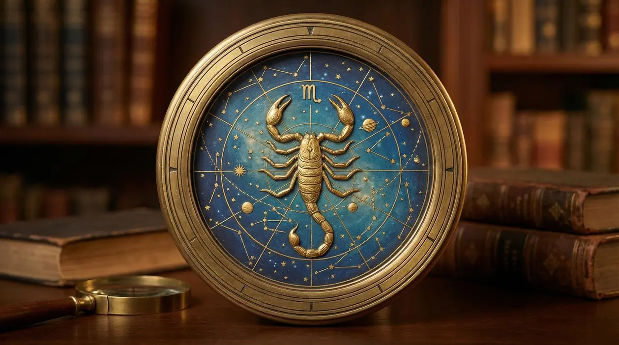 Illustrazione astrologica con simbolo dello Scorpione su sfondo zodiacale blu