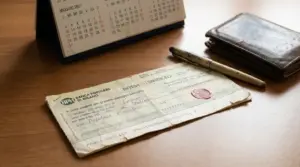 Assegno bancario su scrivania accanto a calendario, penna e portafoglio, per ricordare i tempi di incasso