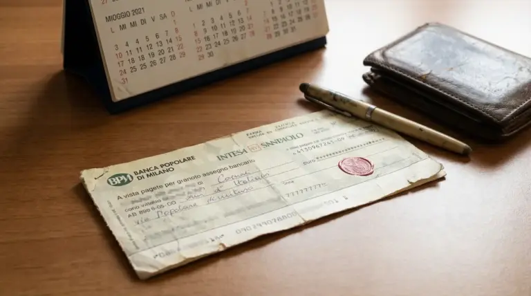 Assegno bancario su scrivania accanto a calendario, penna e portafoglio, per ricordare i tempi di incasso