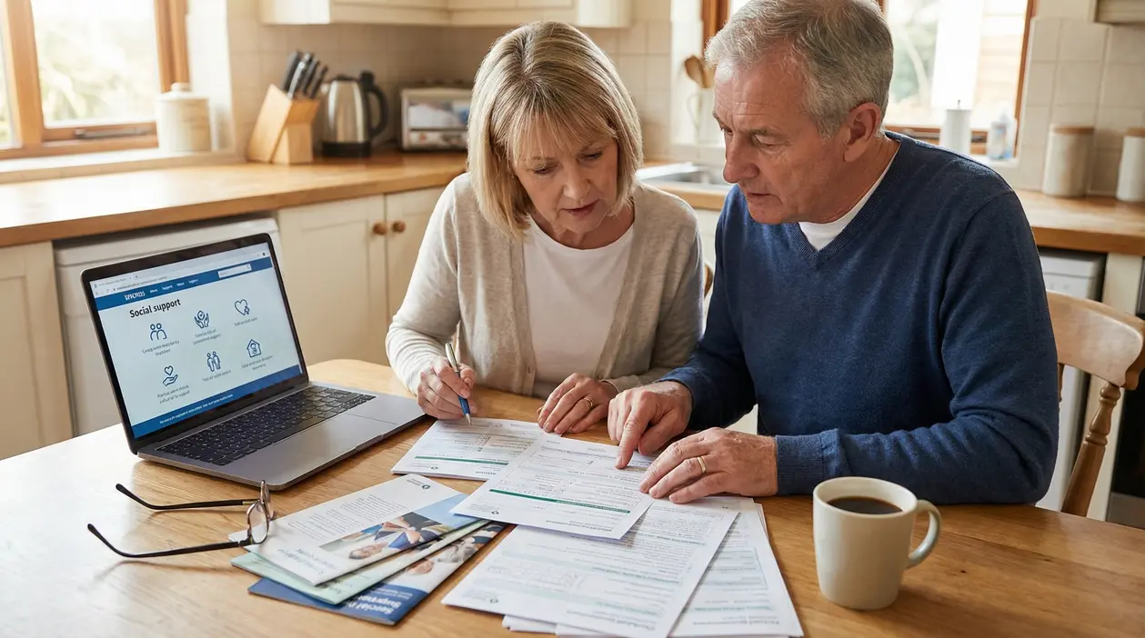 Due persone over 55 consultano documenti e un sito di supporto sociale al tavolo della cucina