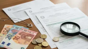 Moduli di domanda su scrivania con lente d’ingrandimento, banconote e monete in euro e collana a cuore