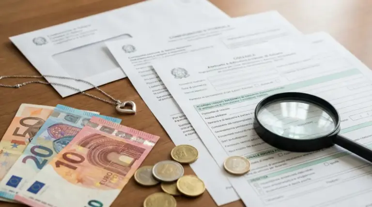 Moduli di domanda su scrivania con lente d’ingrandimento, banconote e monete in euro e collana a cuore