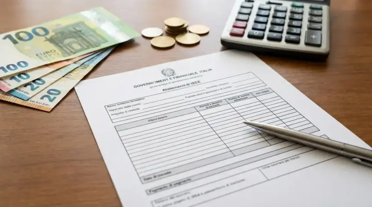 Modello ISEE su scrivania con calcolatrice, penna e banconote euro per calcolo assegno unico figli minorenni