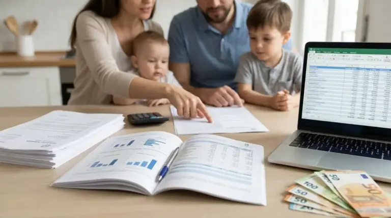 Famiglia con due bambini che esamina documenti e un laptop per gestire l’assegno unico e le spese domestiche