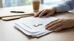 Mani che esaminano un contratto di assicurazione su una scrivania con penna e chiavi