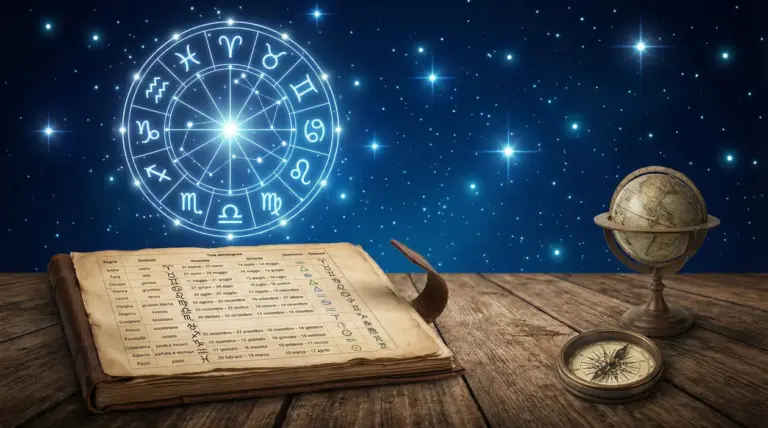 Tavolo con mappa astrologica, libro antico, globo e bussola su sfondo stellato