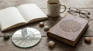 Oggetti legati all'astrologia su un tavolo in legno, tra cui libri, tazza e simboli zodiacali